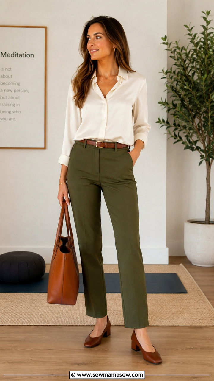 Ivory Button Up And Olive Green Trousers For Mediation - 30 Mediation outfit ideas