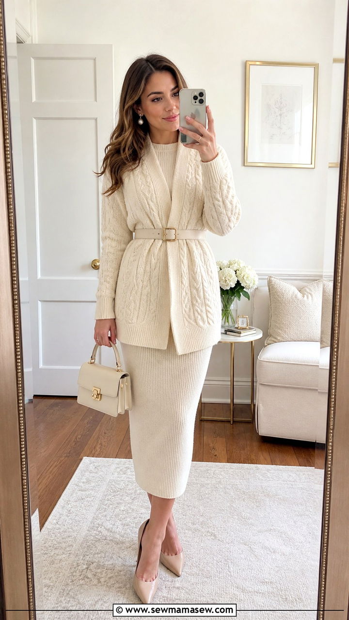 Ivory Cable Knit Cardigan Belted Over a Knit Dress - 25 Old money outfit ideas with cable knit