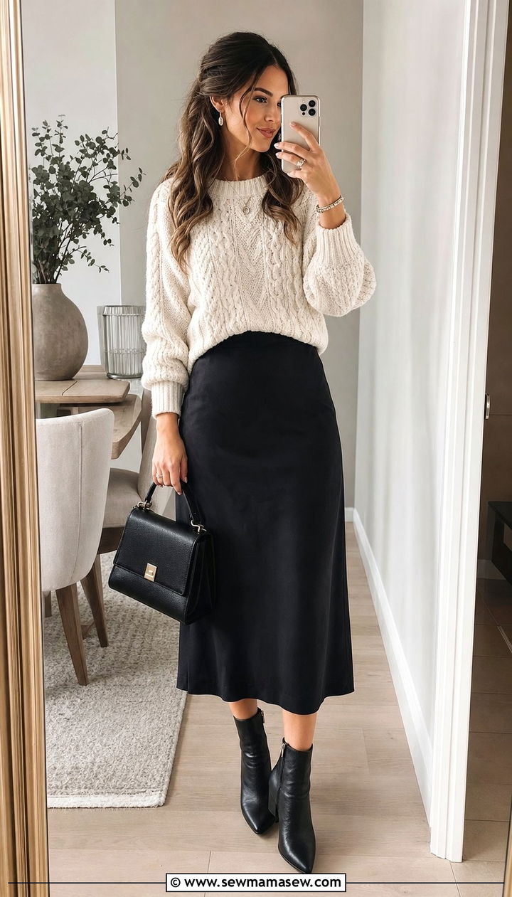 Ivory Cable Knit Sweater and Black Midi Skirt Winter Baby Shower - 35 Baby shower outfit ideas