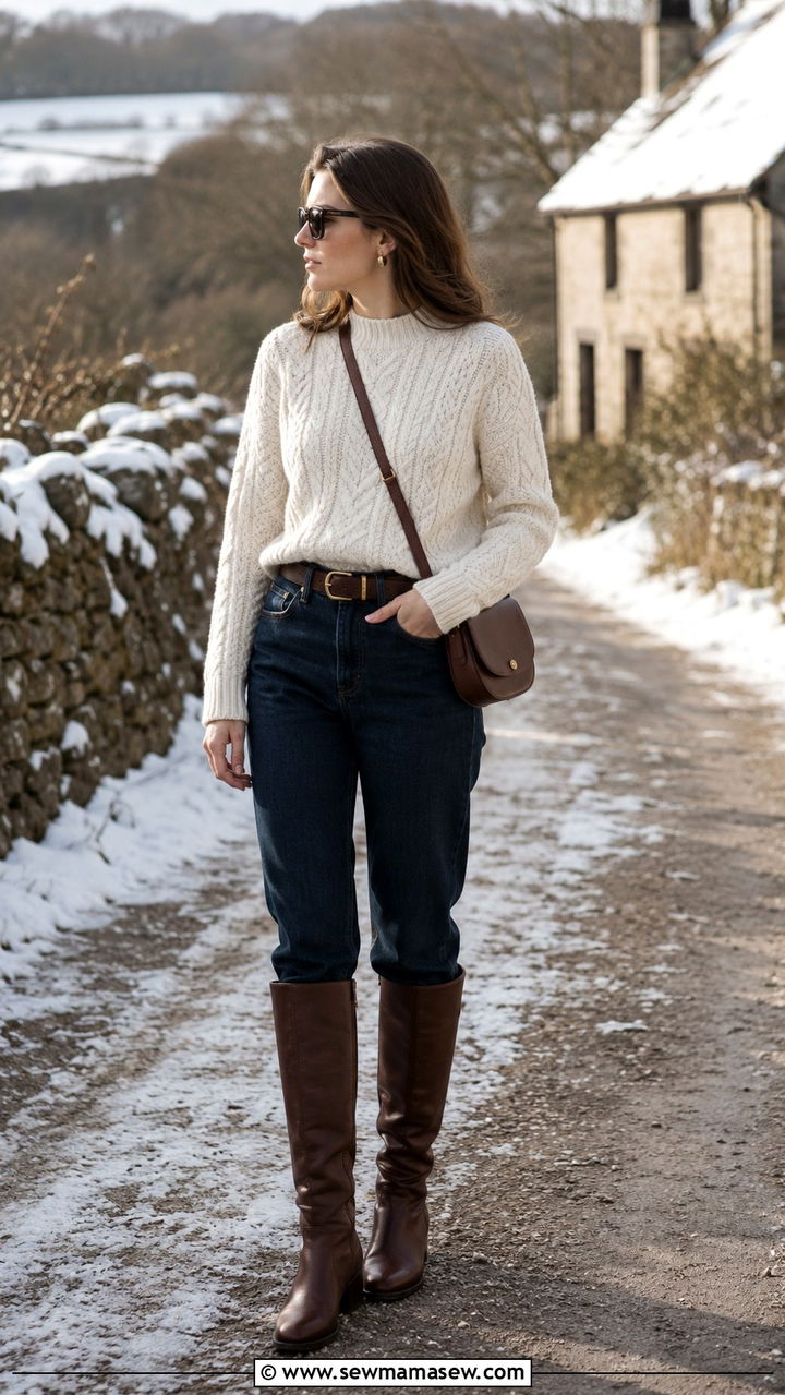 Ivory Cable Knit Sweater with Dark Denim and Riding Boots - 30 old money outfits inspo