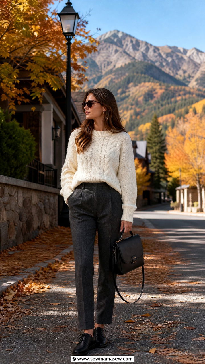 Ivory Cable Knit Sweater with Gray Wool Trousers and Oxfords - 25 Old money outfit ideas for travel