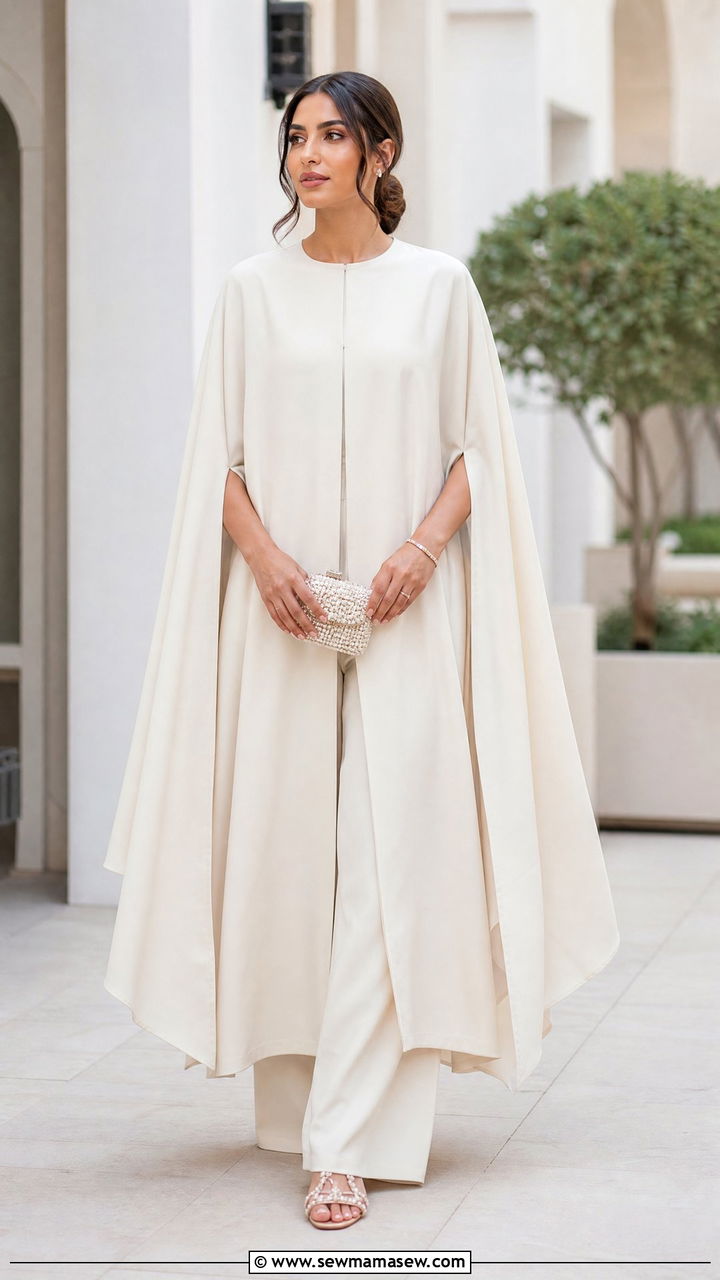 Ivory Cape Style Abaya With Wide Pants - 40 Eid outfit ideas for women