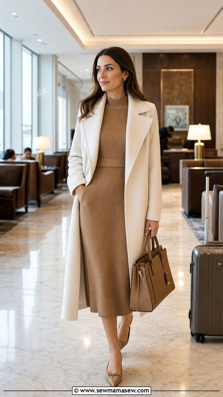 Ivory Cashmere Coat With Knit Midi Dress - 35 Airport outfit ideas old money