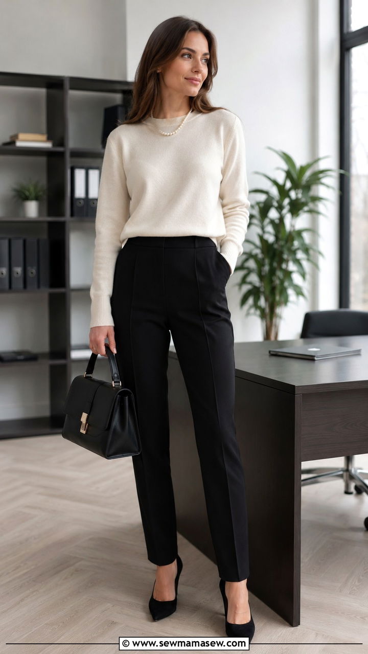 Ivory Cashmere Crewneck with Black Tailored Trousers - 25 Old money outfit ideas with cashmere sweater