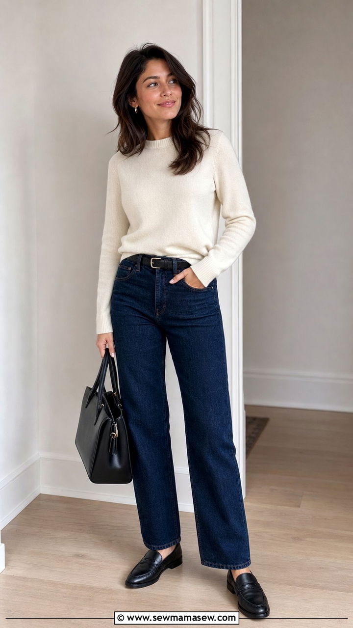 Ivory Cashmere Sweater With Dark Wash Jeans Work Outfit - 25 Clean girl work outfit ideas