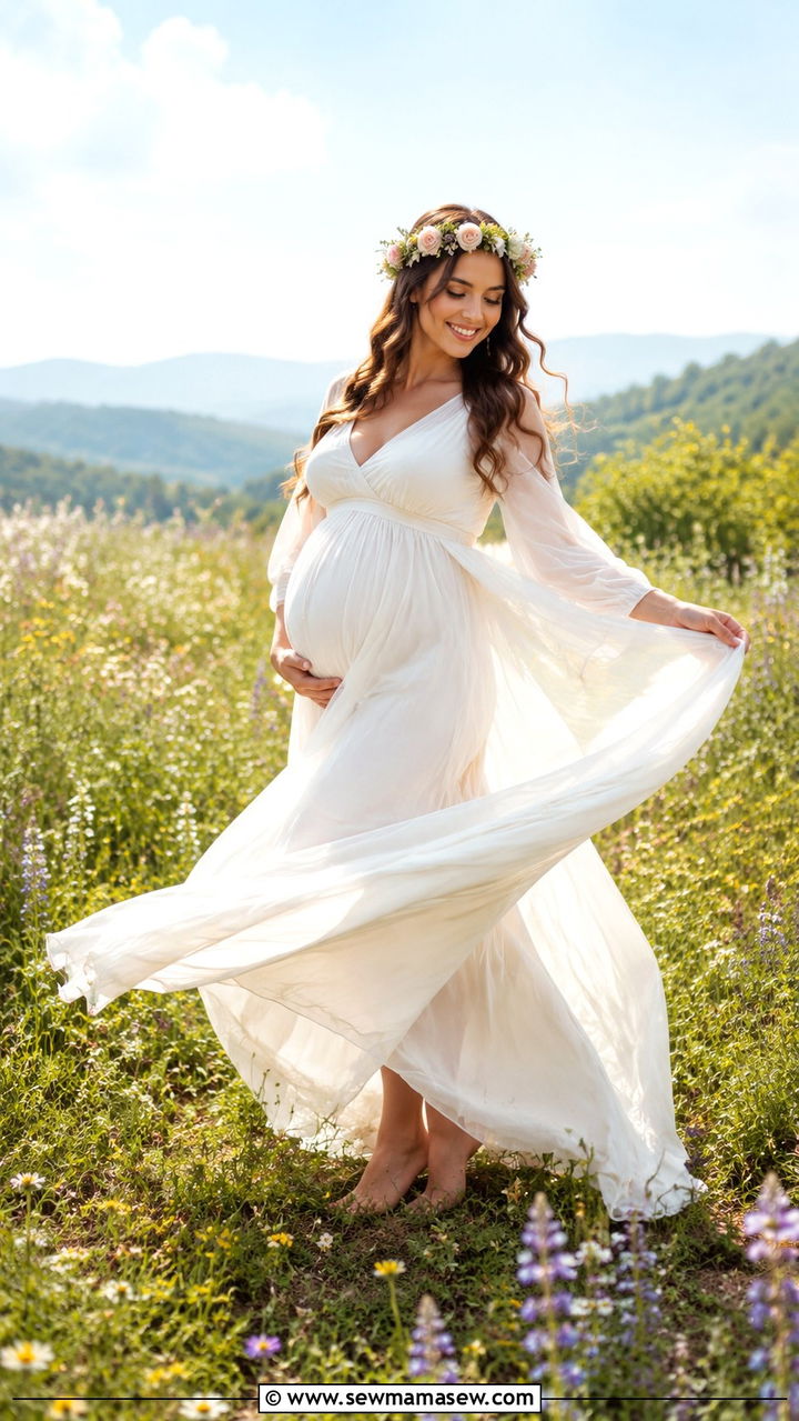 Ivory Chiffon Maxi Dress With Floral Crown - 30 Spring maternity photo outfits