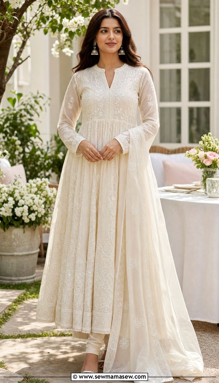 Ivory Chikankari Anarkali Suit - 25 Eid outfit ideas for women 2026