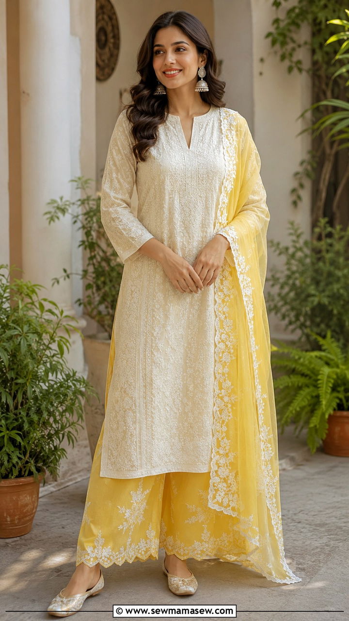 Ivory Chikankari Kurta With Yellow Palazzo And Dupatta - 20 Wedding guest outfit ideas Haldi ceremony