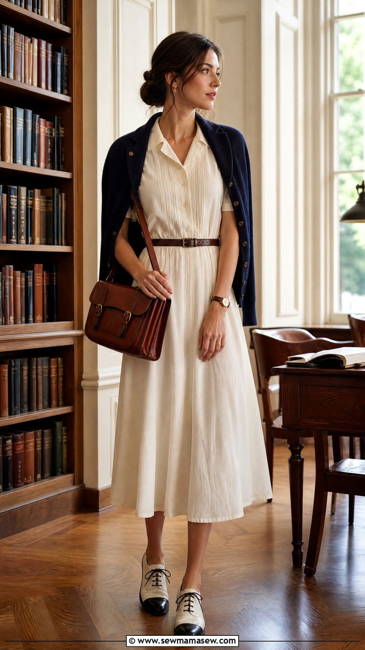 Ivory Cotton Midi Dress With Navy Cardigan and Two Tone Oxfords - 30 summer light academia outfits
