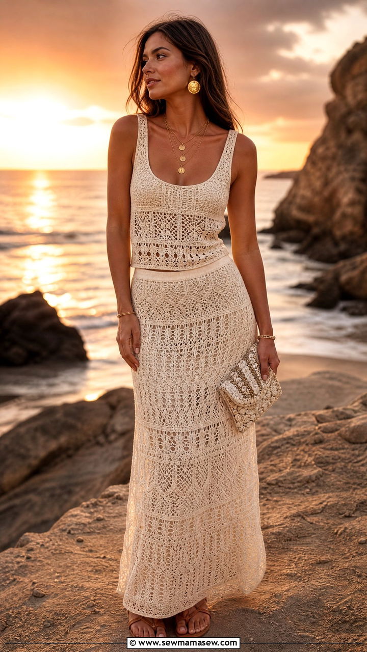 Ivory Crochet Maxi Skirt And Tank Set - 40 matching set outfit ideas for women