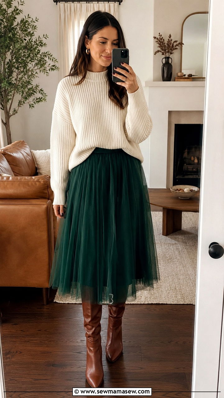 Ivory Fisherman Rib Sweater With Emerald Green Tulle Midi Skirt - 20 Tulle skirt outfit ideas with a sweater