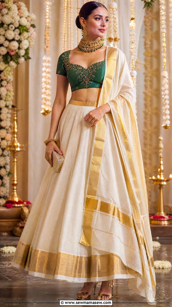 Ivory Kasavu Lehenga With Statement Necklace - 25 Kerala outfit ideas