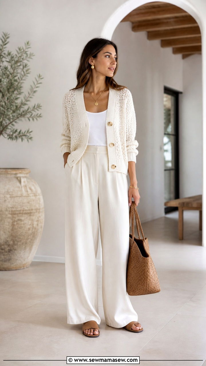 Ivory Knit Cardigan and WideLeg Trousers - 40 Minimalist outfit ideas