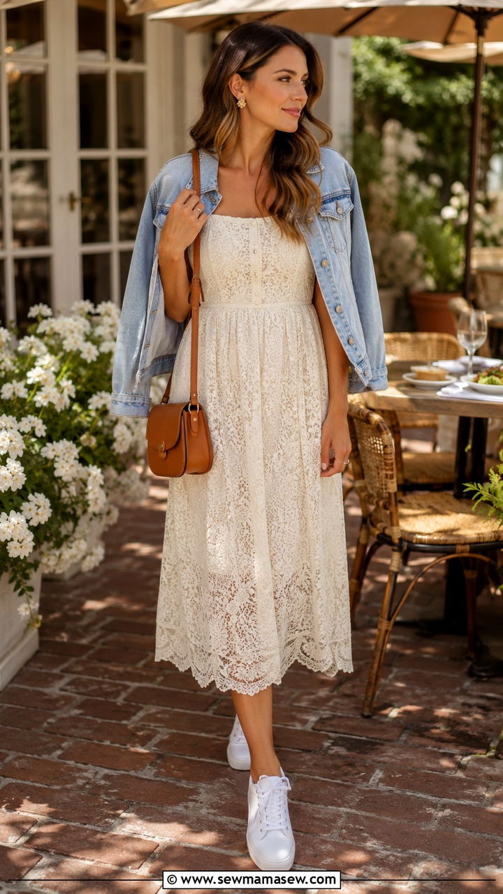 Ivory Lace Dress With Denim Jacket - 30 Ivory outfit ideas