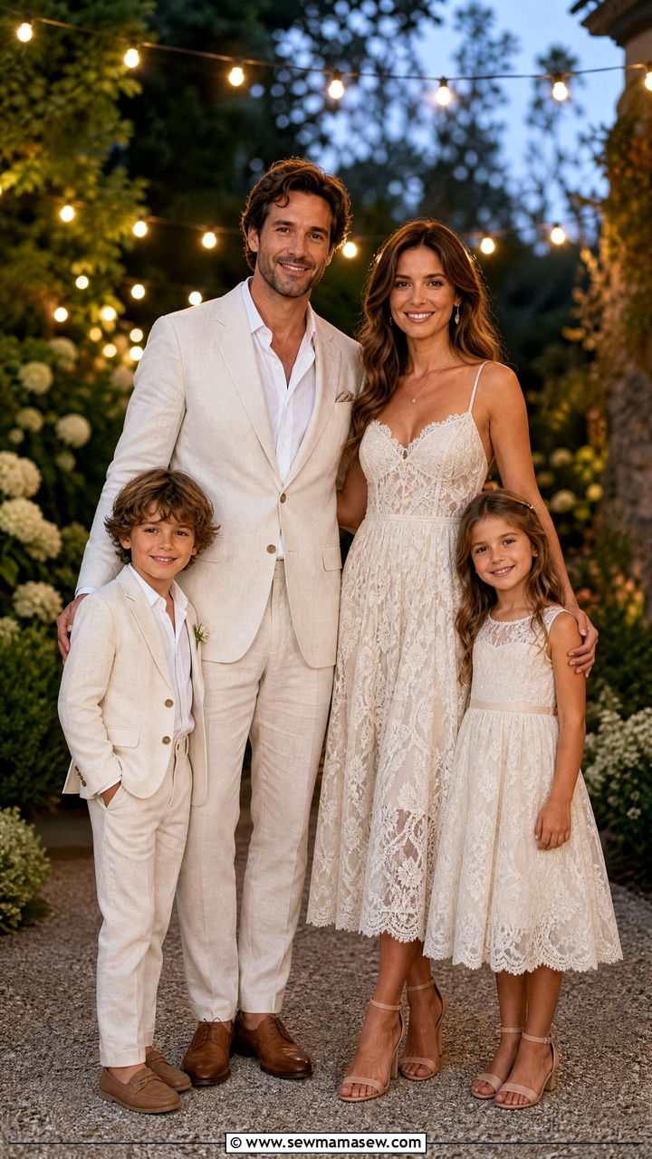 Ivory Lace Dresses and Linen Suits for Evening Garden Parties - 30 Family photoshoot outfit ideas
