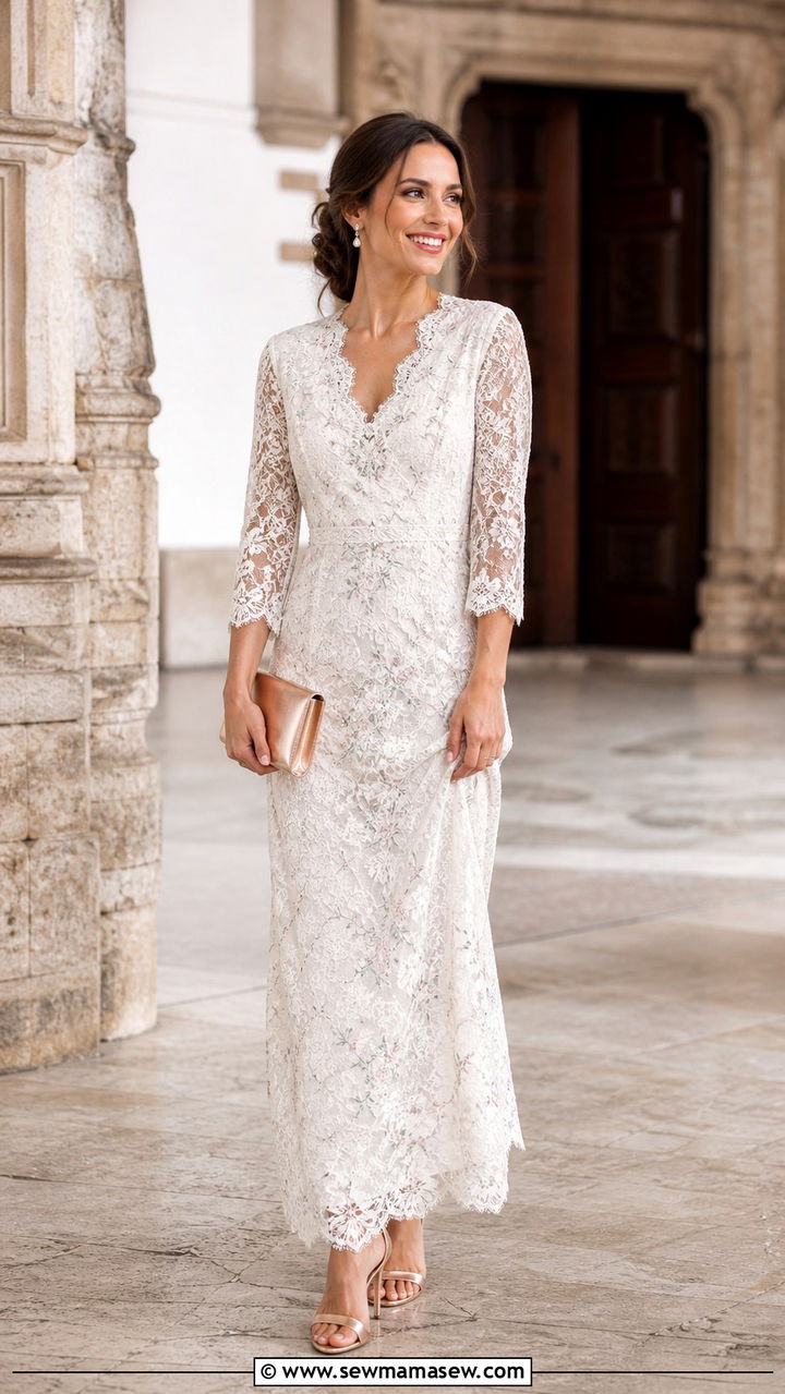 Ivory Lace Gown With Metallic Heels For Formal Ceremonies - 40 classy wedding guest outfits