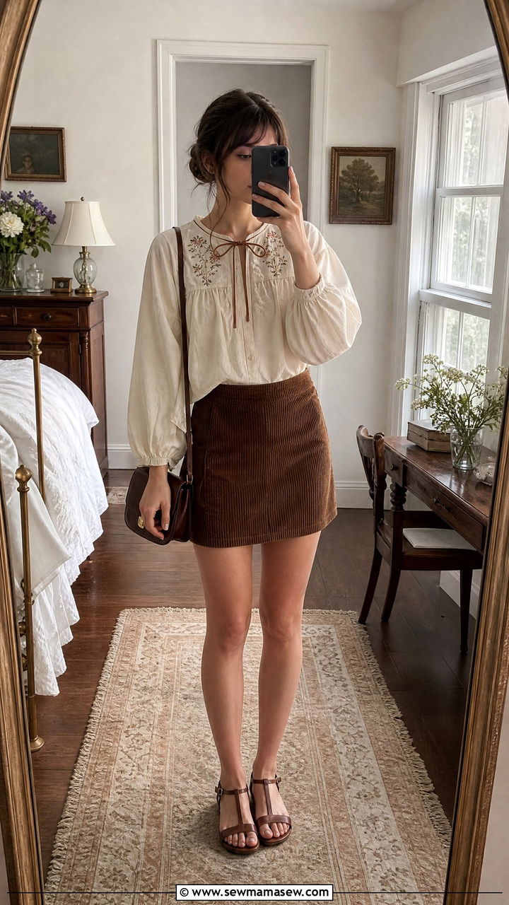 Ivory Linen Blouse With Brown Corduroy Mini Skirt and T Bar Sandals - 30 summer light academia outfits