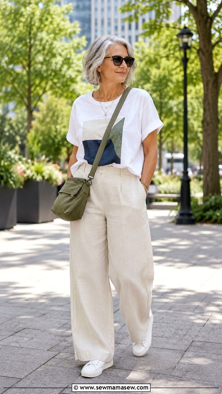 Ivory Linen Pants with a Graphic Tee and Sneakers - 30 Linen pants outfit ideas for women over 50