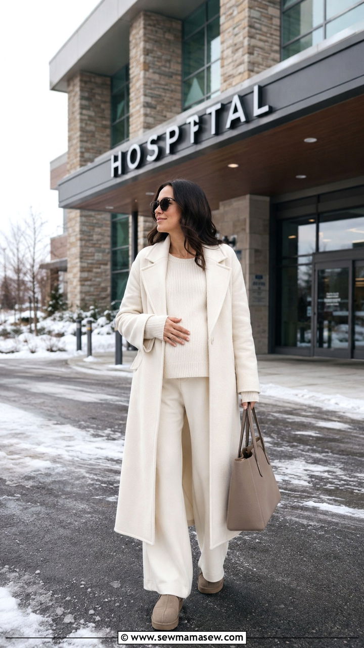 Ivory Long Coat and Trousers Winter Outfit - 20 Maternity outfit ideas going home from hospital