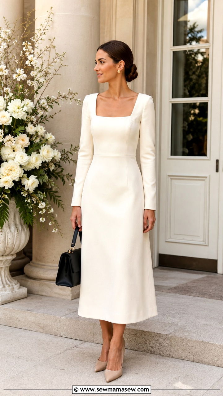 Ivory Long Sleeve Midi Dress - 30 Old money outfit ideas for wedding guest