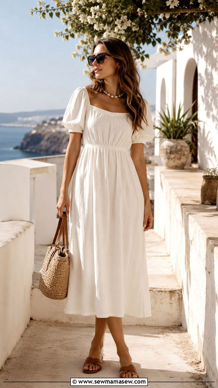 Ivory Midi Dress With Woven Bag - 30 classy minimalist outfit ideas