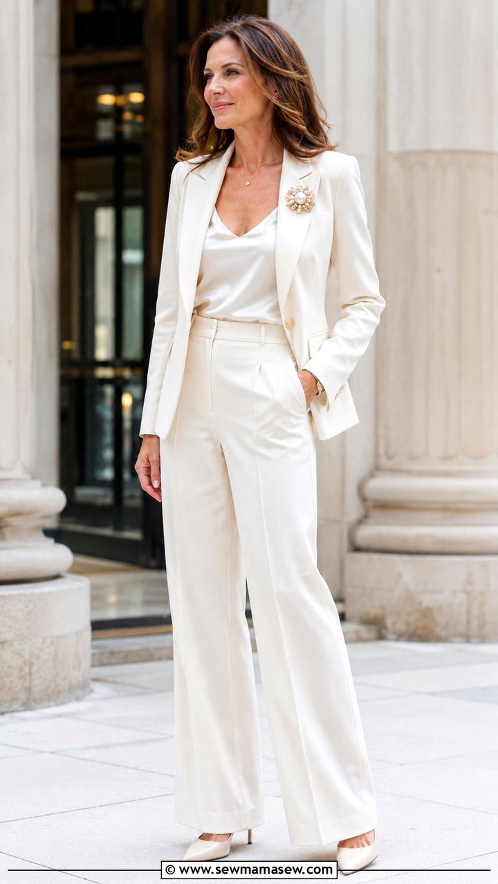 Ivory Monochrome Suit With Statement Pearl Brooch - 25 80s luxury outfit ideas 2026