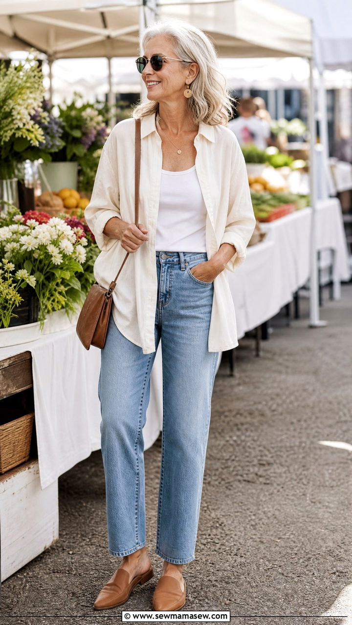 Ivory Oversized Linen Shirt with Straight Leg Jeans - 30 Minimalist outfits for women over 60