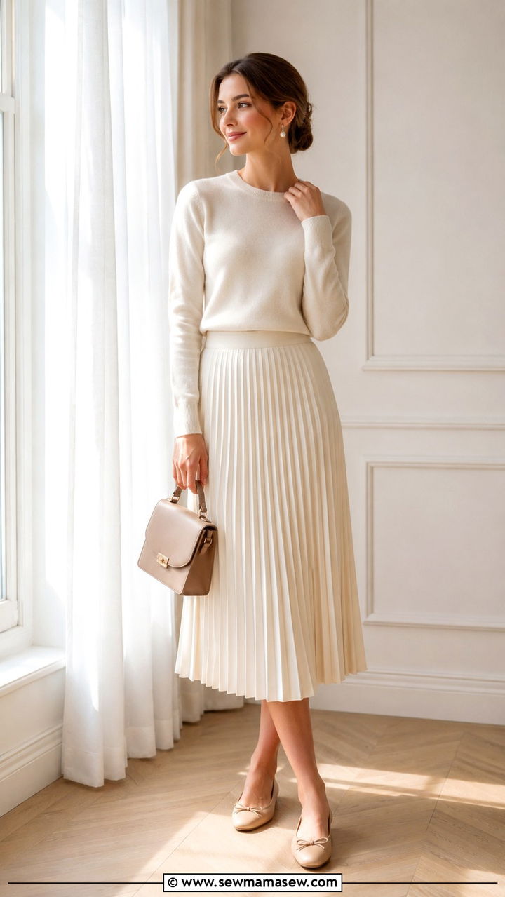 Ivory Pleated Skirt With Cashmere Sweater - 30 Ivory outfit ideas