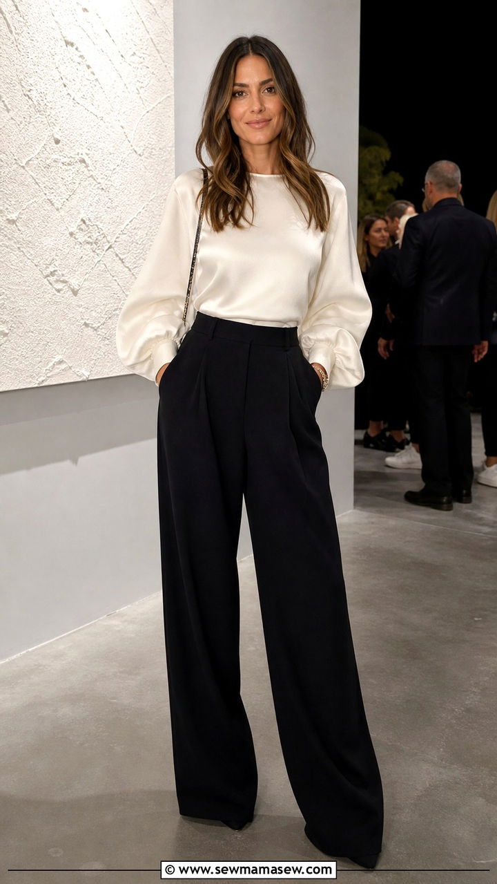 Ivory Puff Sleeve Blouse with Black Wide Leg Trousers - 40 old money outfits ideas