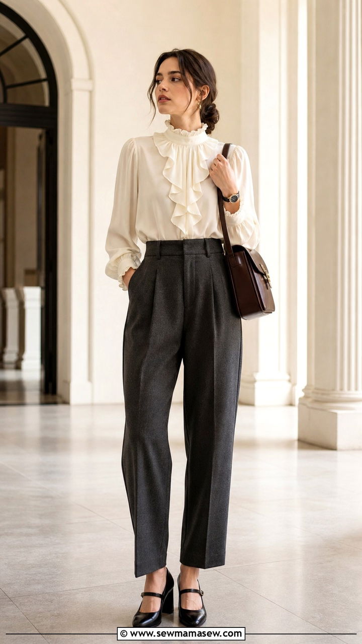 Ivory Ruffled Blouse And High Waisted Trousers - 40 light academia outfits ideas