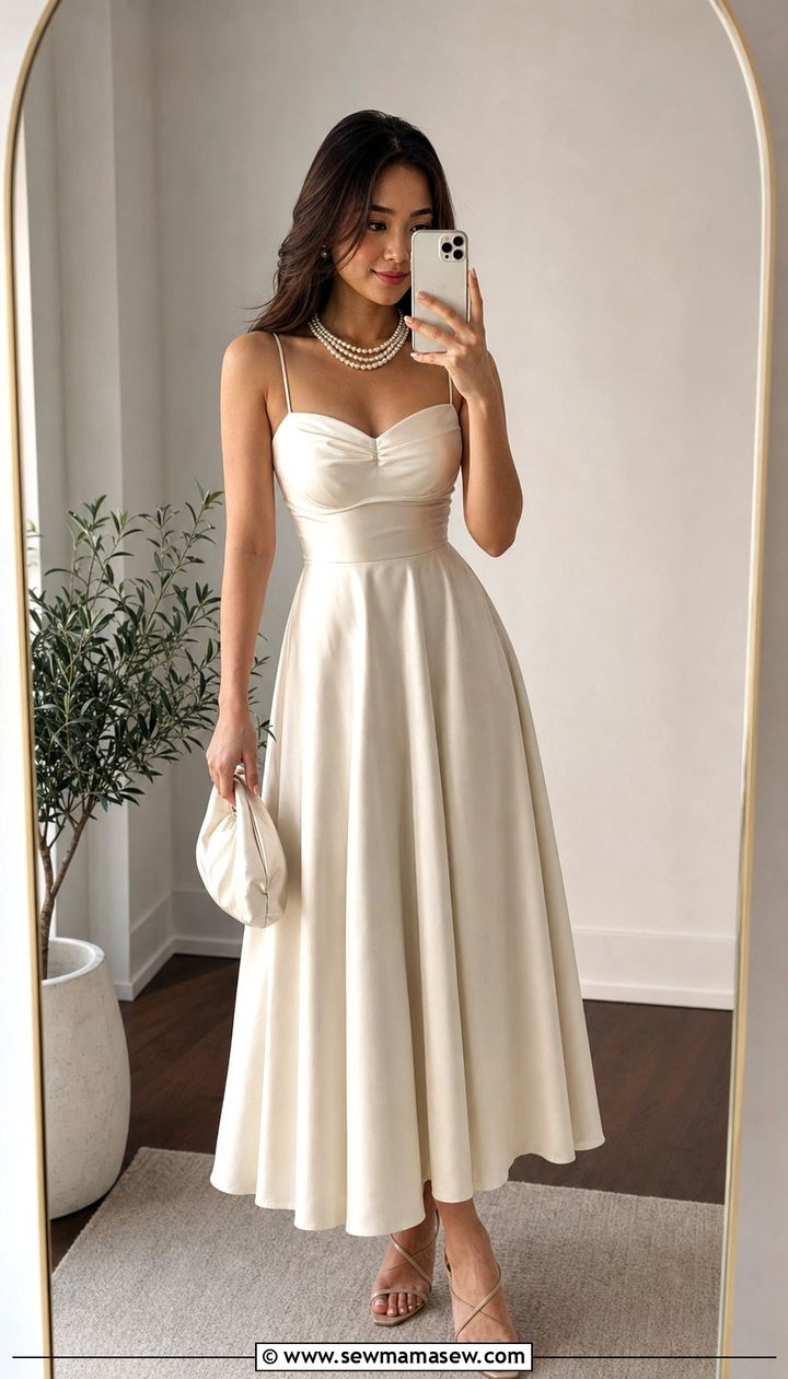 Ivory Satin A Line Gown with Pearl Jewelry - 25 Debutante ball outfit ideas