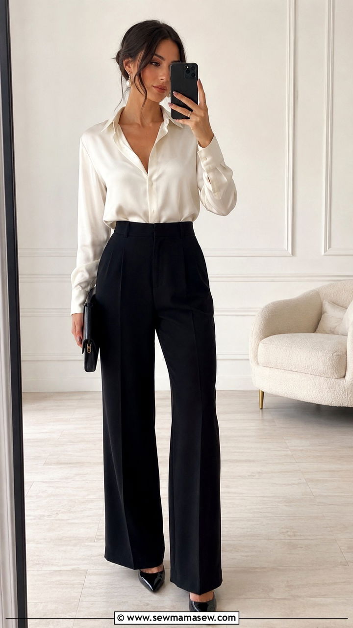 Ivory Satin Blouse With Wide Leg Black Trousers - 30 Opera outfit ideas