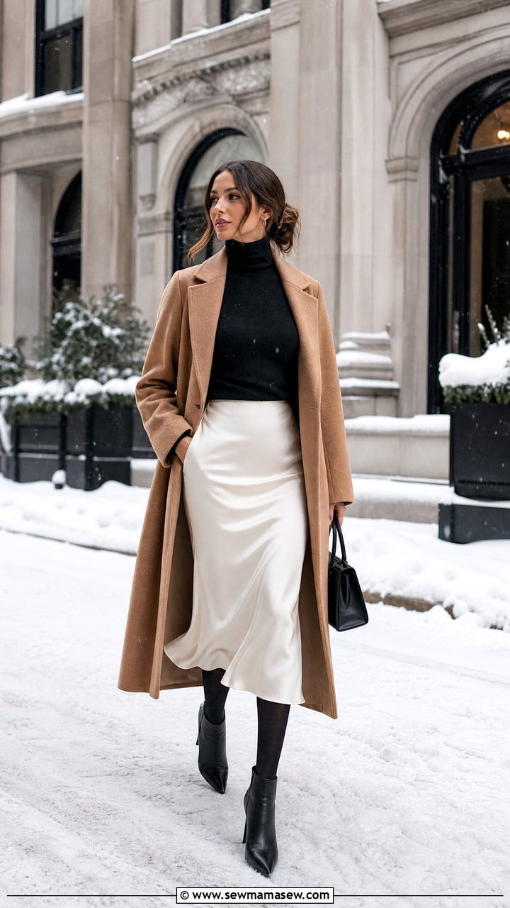 Ivory Satin Midi Skirt With Wool Coat and Tights - 30 Satin midi skirt outfit ideas