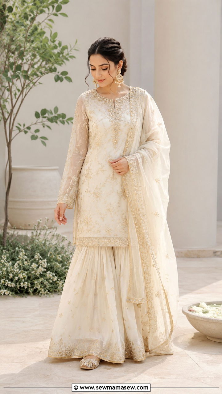 Ivory Sharara Set For Nikkah Ceremony - 20 Modest outfit ideas for Nikkah