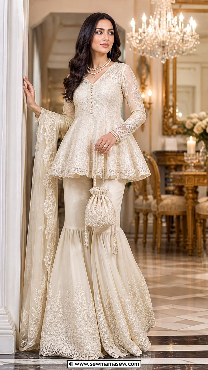 Ivory Sharara With Peplum Top - 40 Eid outfit ideas for women