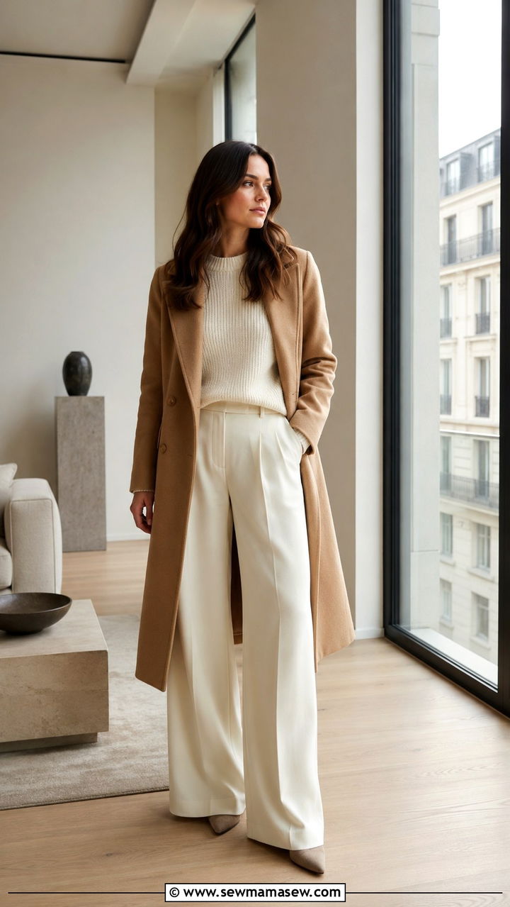 Ivory Silk Blouse With Chocolate Brown Wide Leg Trousers - 30 Quiet luxury capsule wardrobe