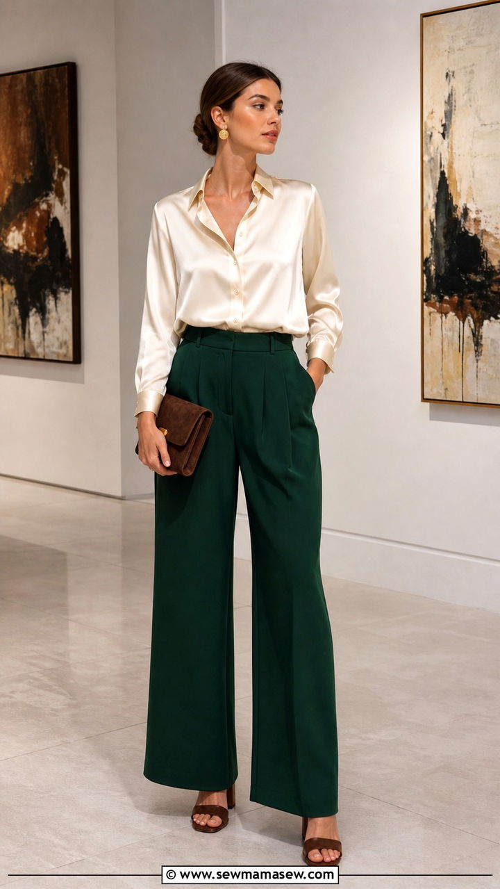 Ivory Silk Blouse With Forest Green Wide Leg Trousers - 40 old money outfit ideas for women