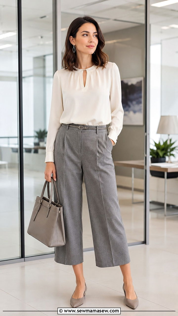 Ivory Silk Blouse with Grey Culottes - 30 chic office outfits for women
