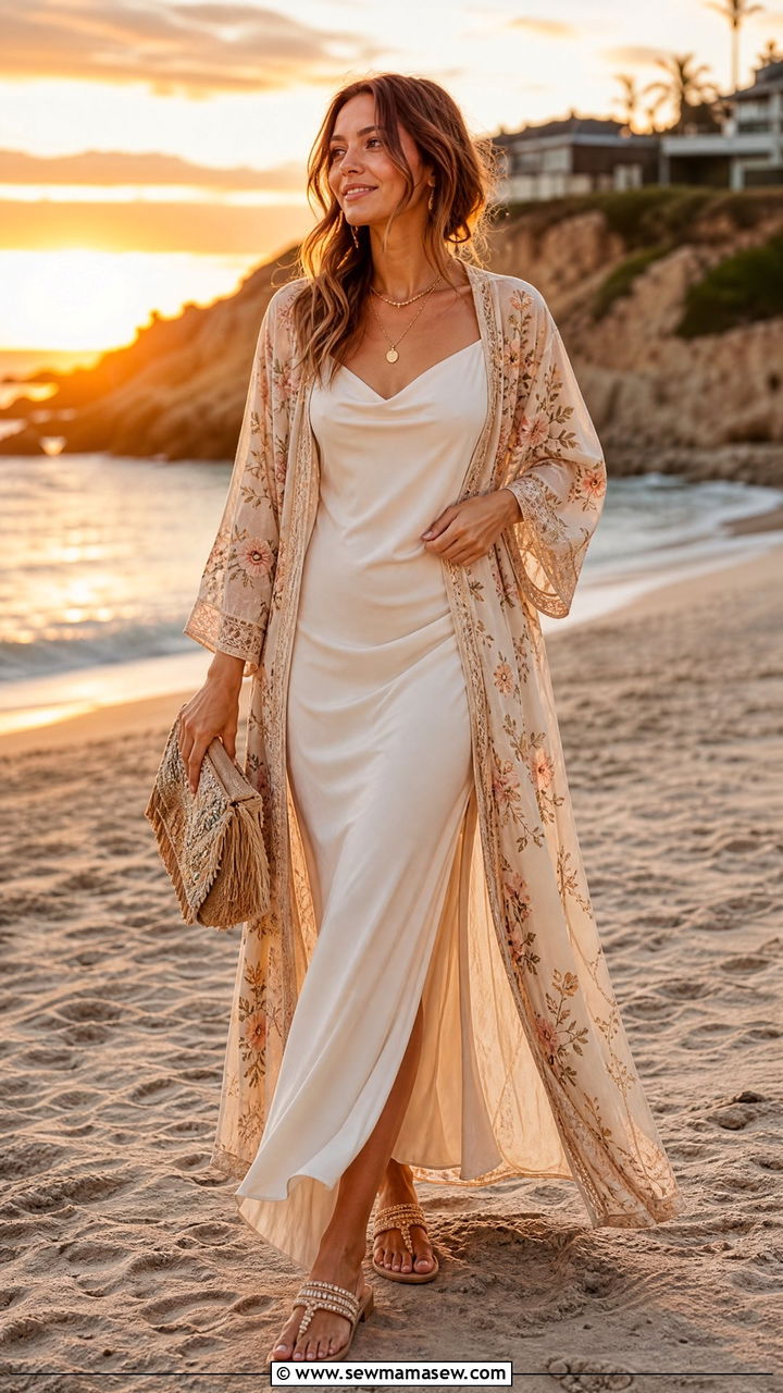 Ivory Slip Dress With Embroidered Kimono And Beaded Sandals - 25 How to style a slip dress for a wedding