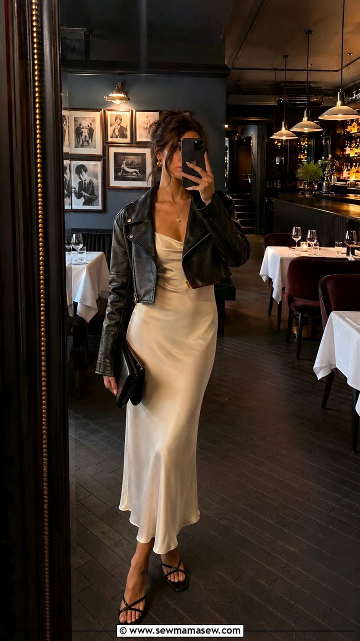 Ivory Slip Dress With Leather Jacket - 30 Ivory outfit ideas