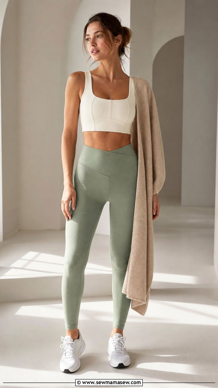 Ivory Sports Bra and Sage Green Leggings - 30 Mat Pilates outfit ideas