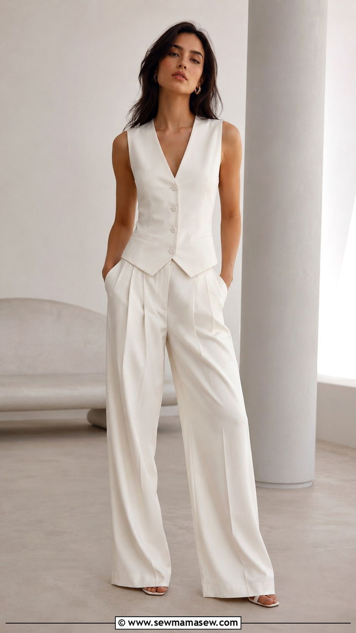 Ivory Tailored Waistcoat With Matching Wide Leg Trousers - 30 Quiet luxury capsule wardrobe