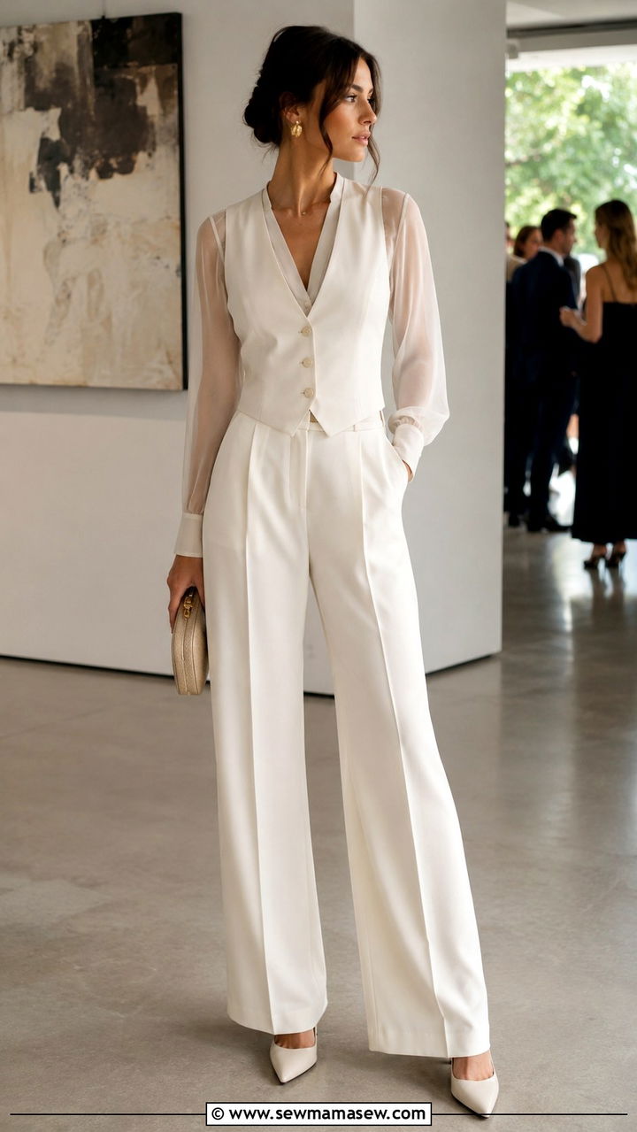 Ivory Tailored Waistcoat With Wide Leg Trousers - 30 Old money wedding guest outfits