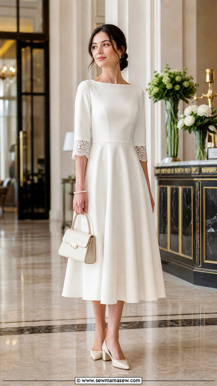 Ivory Tea Length Dress with Bateau Neckline - 25 modest bridal shower outfit ideas