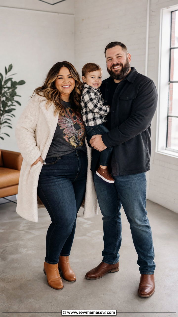 Ivory Teddy Coat With Graphic Tee And Curvy Jeans - 30 Plus size outfit ideas for family photos