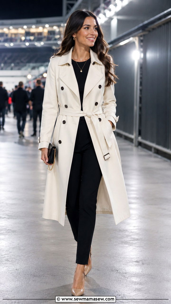Ivory Trench Coat with Black Top and Nude Pumps - 20 Old money outfit ideas Meghan Markle