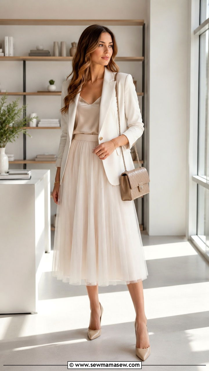 Ivory Tulle Skirt With Silk Camisole And Tailored Blazer - 25 Tulle skirt outfit ideas for work