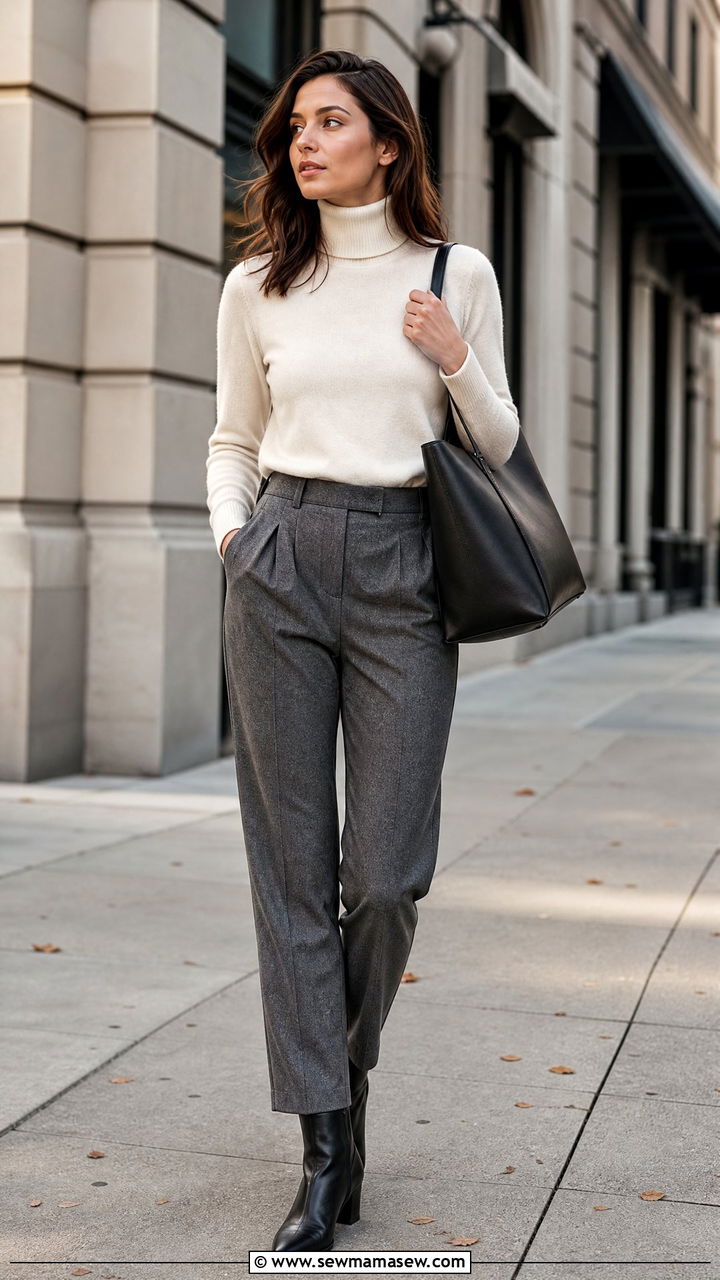Ivory Turtleneck With Gray Wool Trousers - 30 Formal office outfit ideas