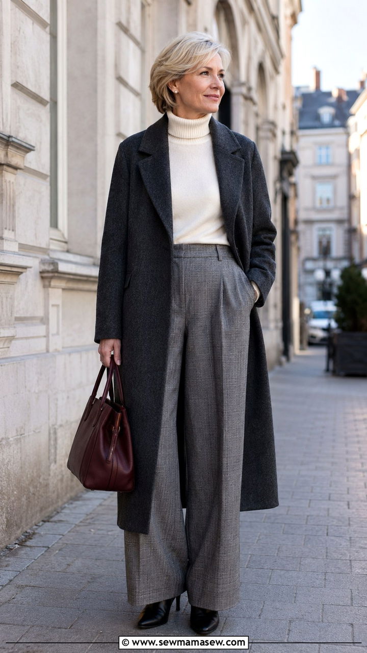 Ivory Turtleneck with Plaid Trousers and a Long Coat - 30 scandinavian outfit ideas for women over 40