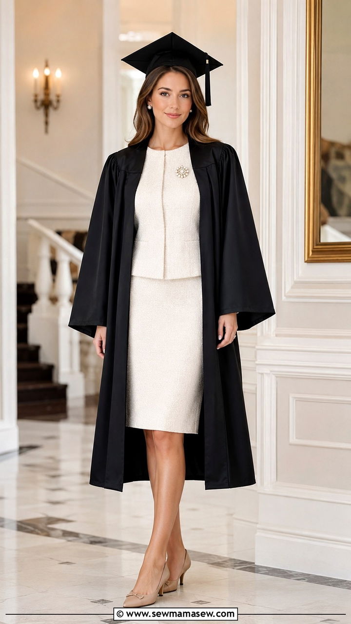 Ivory Tweed Skirt Suit with Pearl Brooch - 30 Graduation cap and gown outfit ideas